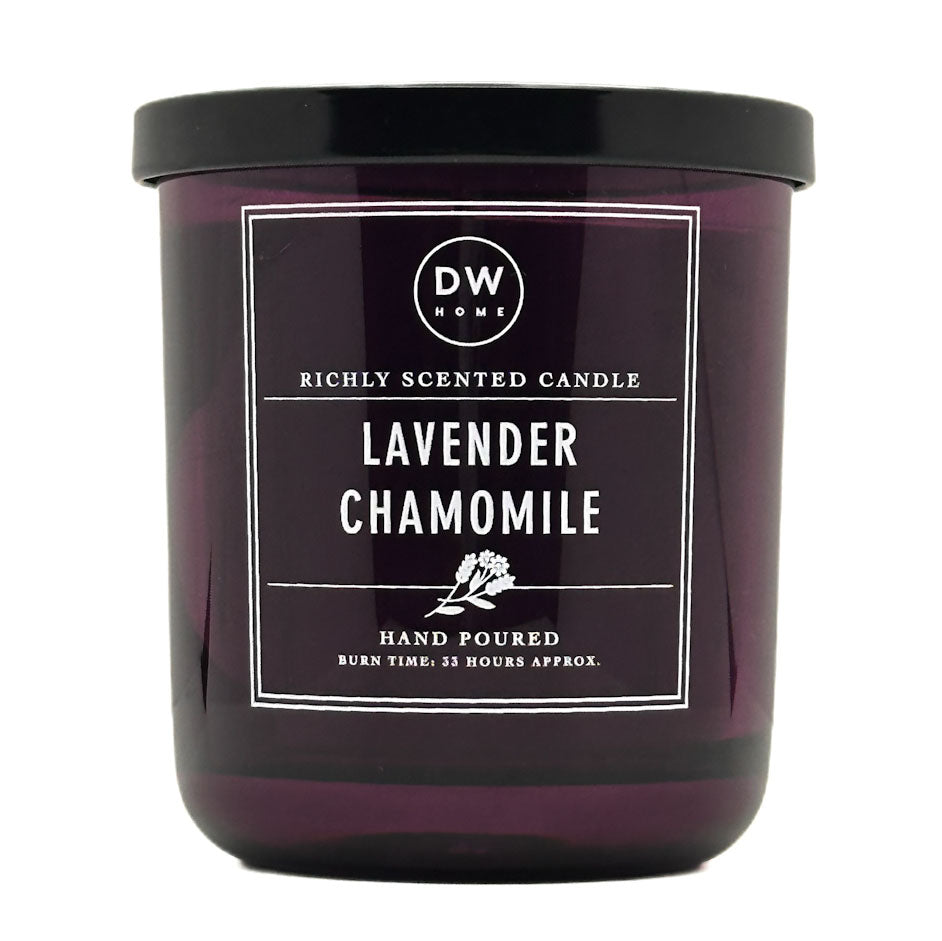 DW HOME Lavender Chamomile dark purple candle with a label on a white background