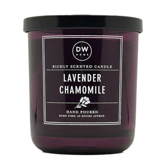 DW HOME Lavender Chamomile dark purple candle with a label on a white background
