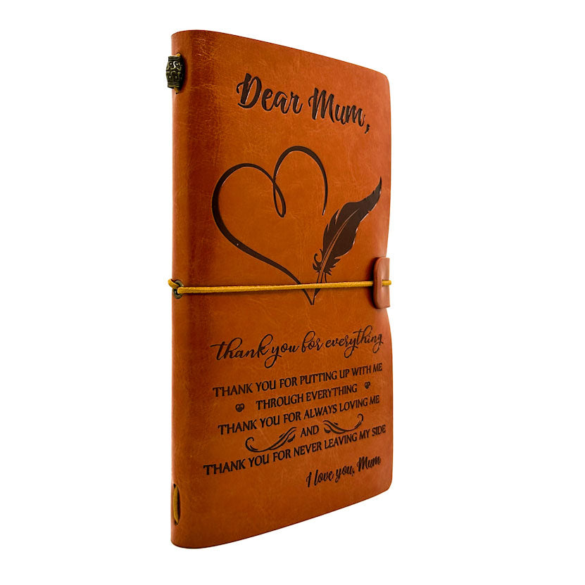 Dear Mum - Brown leather organiser with engraved message and design on a white background