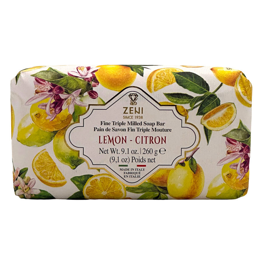 Zeni lemon soap bar with decorative packaging on a white background