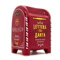 Red mailbox-shaped candle container with 'Letters to Santa' text on a white background