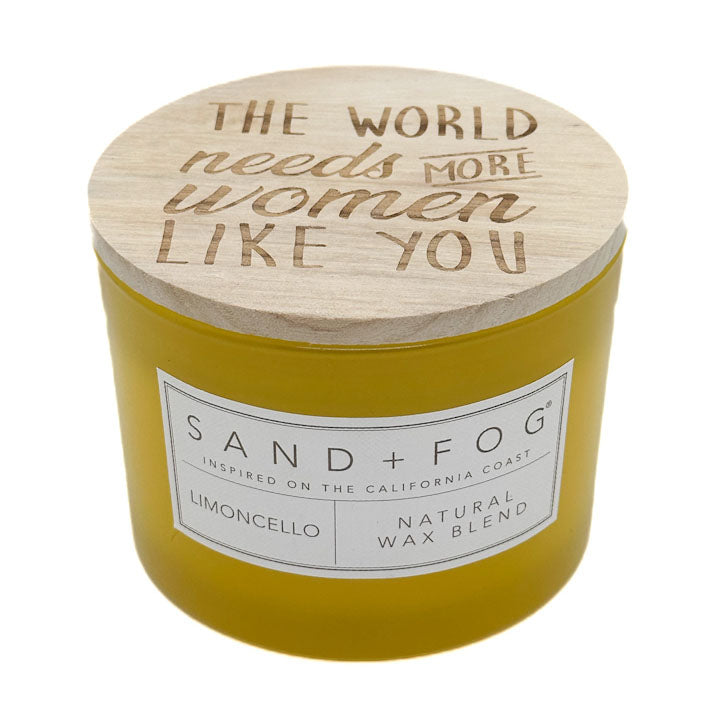 SAND + FOG Limoncello yellow candle with wooden lid featuring motivational quote