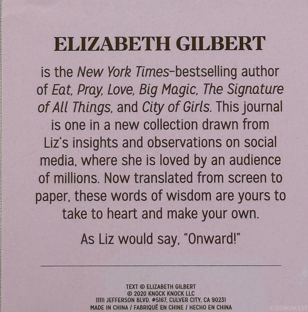 Back cover of a book with text about Elizabeth Gilbert and her work, featuring a purple background.