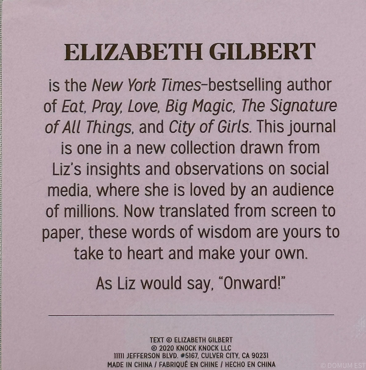 Back cover of a book with text about Elizabeth Gilbert and her work, featuring a purple background.