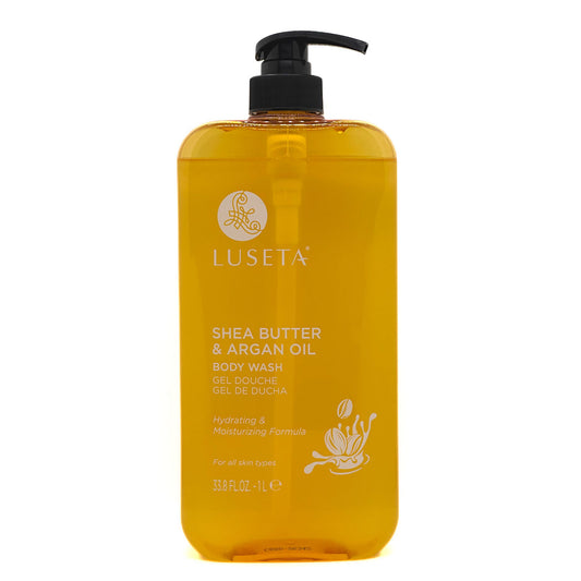 Yellow bottle of Luseta Shea Butter & Argan Oil Body Wash on a white background