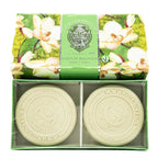 La Florentina magnolia soaps in a decorative box with floral design and green packaging.