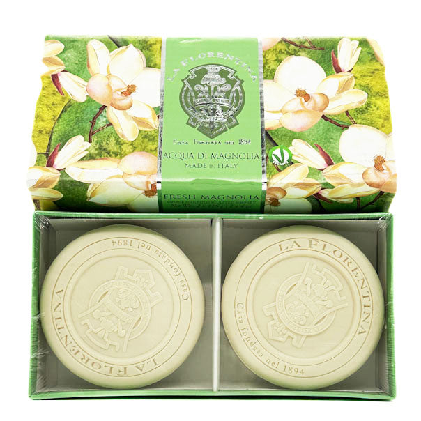 La Florentina magnolia soaps in a decorative box with floral design and green packaging.
