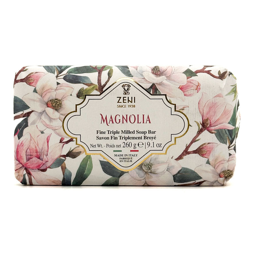 Magnolia soap bar with floral design and Zeni branding on a white background