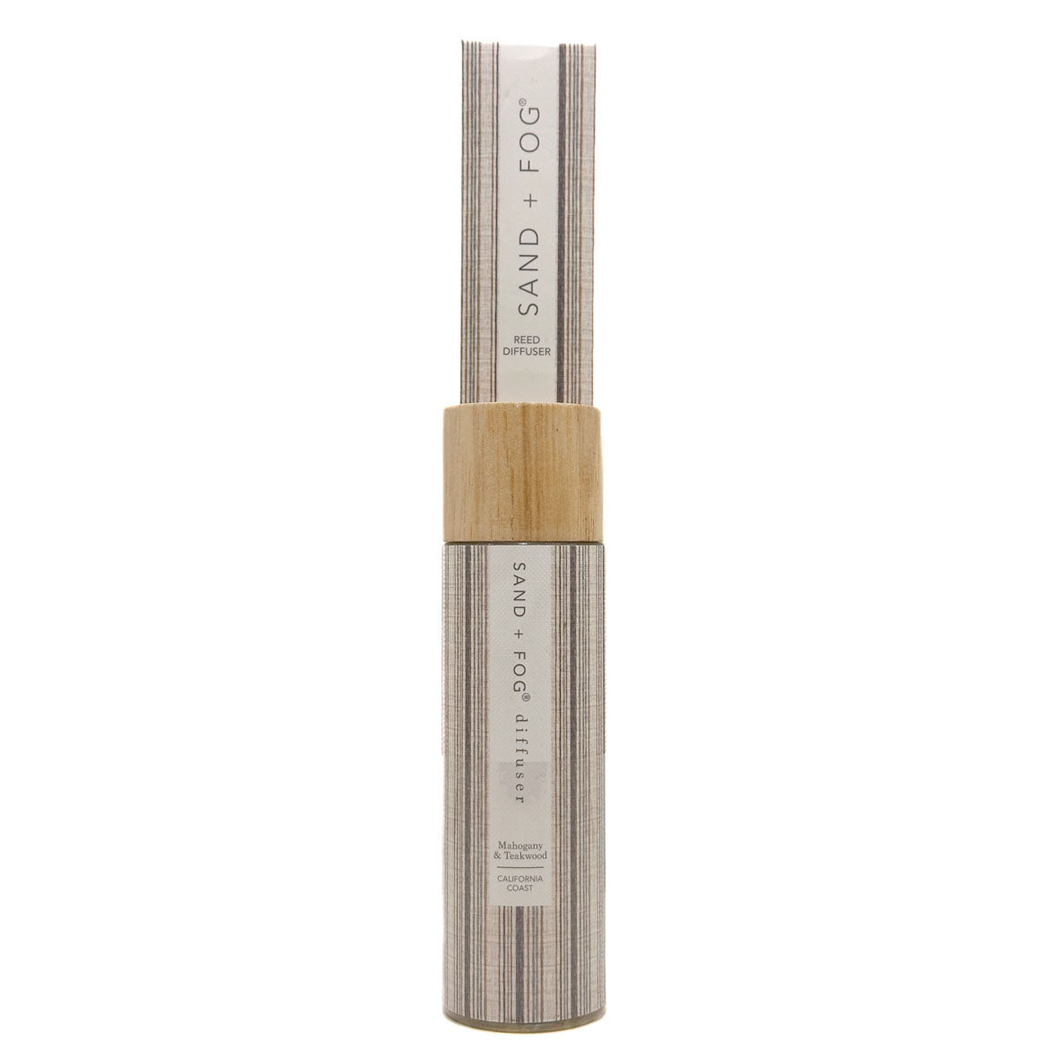 SAND + FOG Mahogany & Teakwood Scented diffuser with wooden cap on a white background
