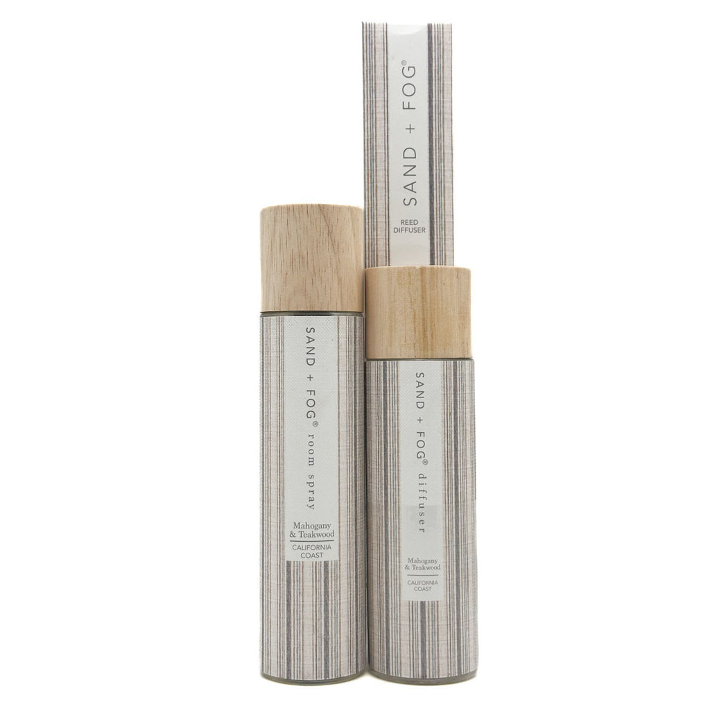 Sand + Fog Mahogany & Teakwood Home fragrance  with wooden caps on a white background