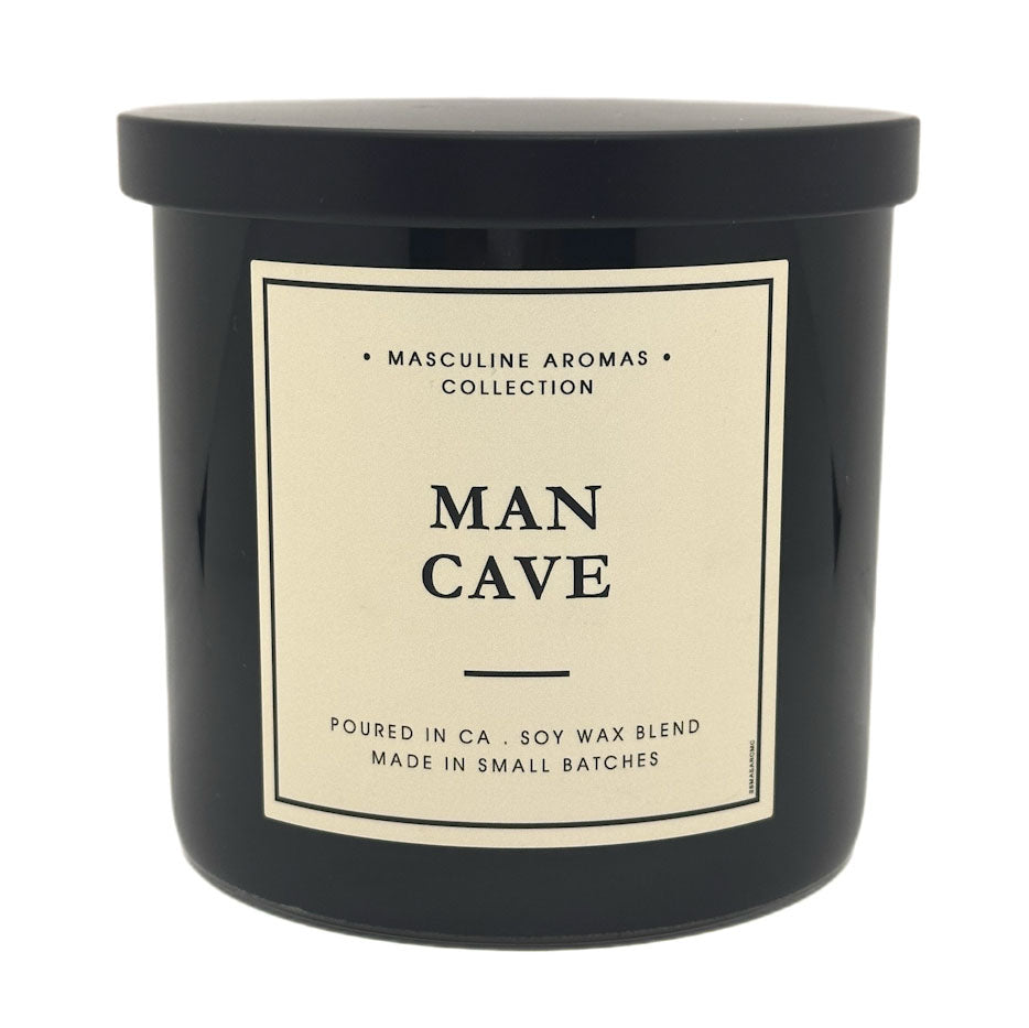 Black candle jar with 'Man Cave' label on a white background