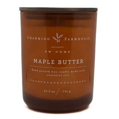 An amber glass jar 775g candle with a dark gray lid, labeled 'Charming Farmhouse DW Home Maple Butter' on a white background.