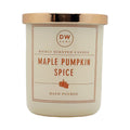 A jar candle labeled 'DW HOME' and 'MAPLE PUMPKIN SPICE' with a metallic gold lid, shown on a plain white background.