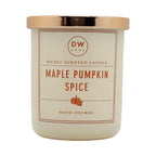 A jar candle labeled 'DW HOME' and 'MAPLE PUMPKIN SPICE' with a metallic gold lid, shown on a plain white background.