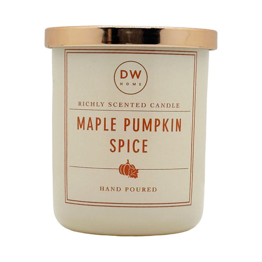 A jar candle labeled 'DW HOME' and 'MAPLE PUMPKIN SPICE' with a metallic gold lid, shown on a plain white background.
