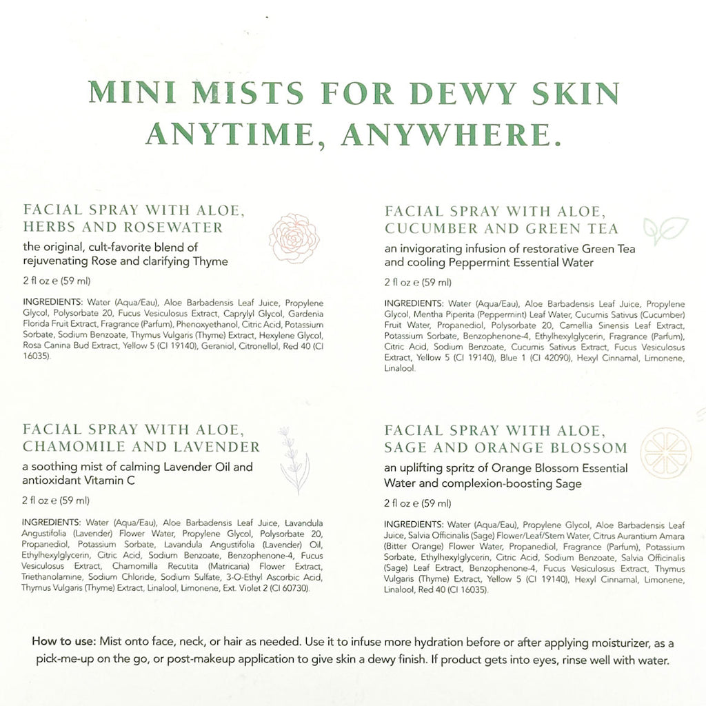 Product label for facial sprays with aloe, herbs, and various essential oils on a white background.