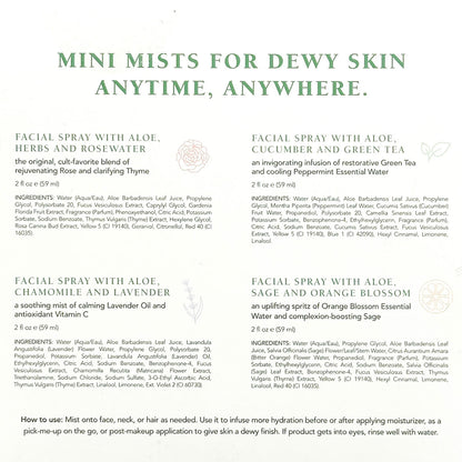Product label for facial sprays with aloe, herbs, and various essential oils on a white background.