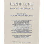 Product label for Sand + Fog body wash and shower gel with directions and ingredients listed.