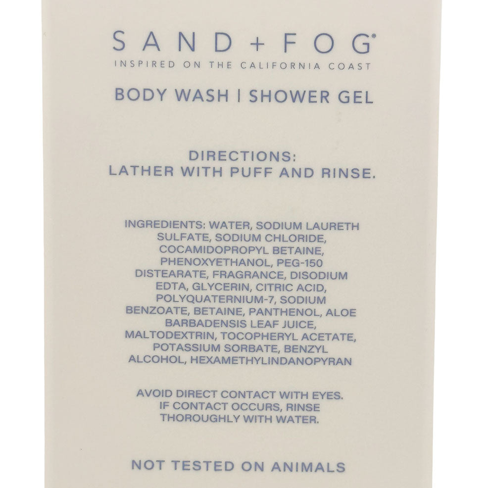 Product label for Sand + Fog body wash and shower gel with directions and ingredients listed.