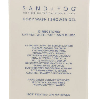 Product label for Sand + Fog body wash and shower gel with directions and ingredients listed.