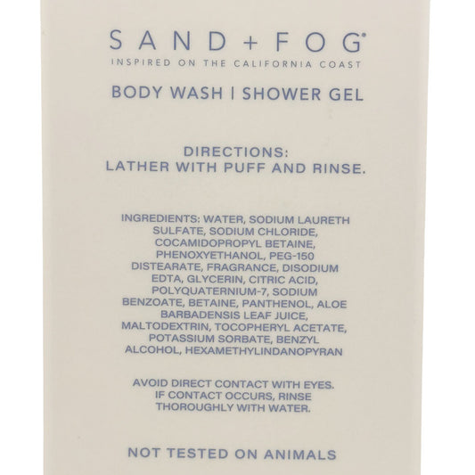 Product label for Sand + Fog body wash and shower gel with directions and ingredients listed.