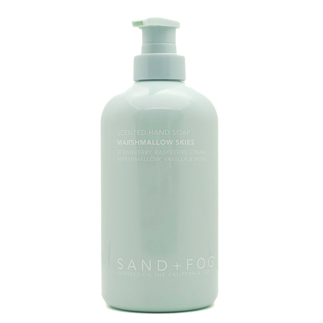 SAND + FOG Light blue bottle of Marshmallow Skies scented hand soap on a white background