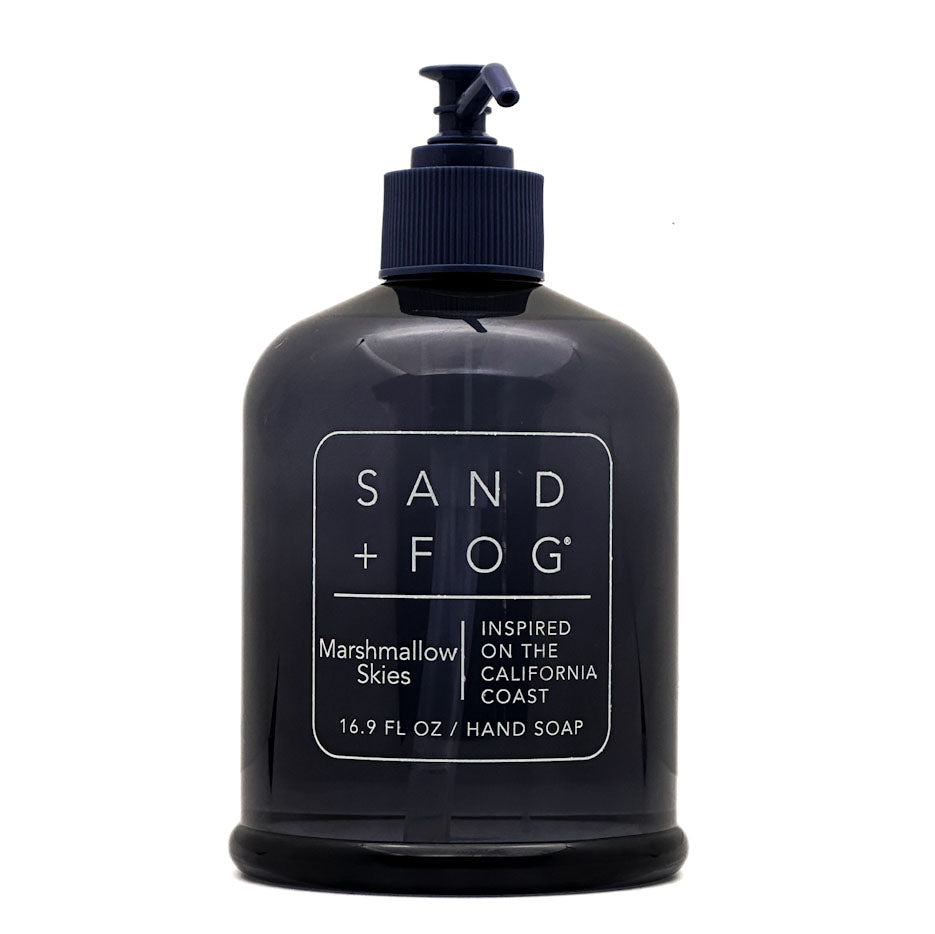 Marshmallow Skies hand soap bottle with pump labeled 'Sand + Fog' on a white background