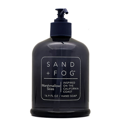 Marshmallow Skies hand soap bottle with pump labeled 'Sand + Fog' on a white background