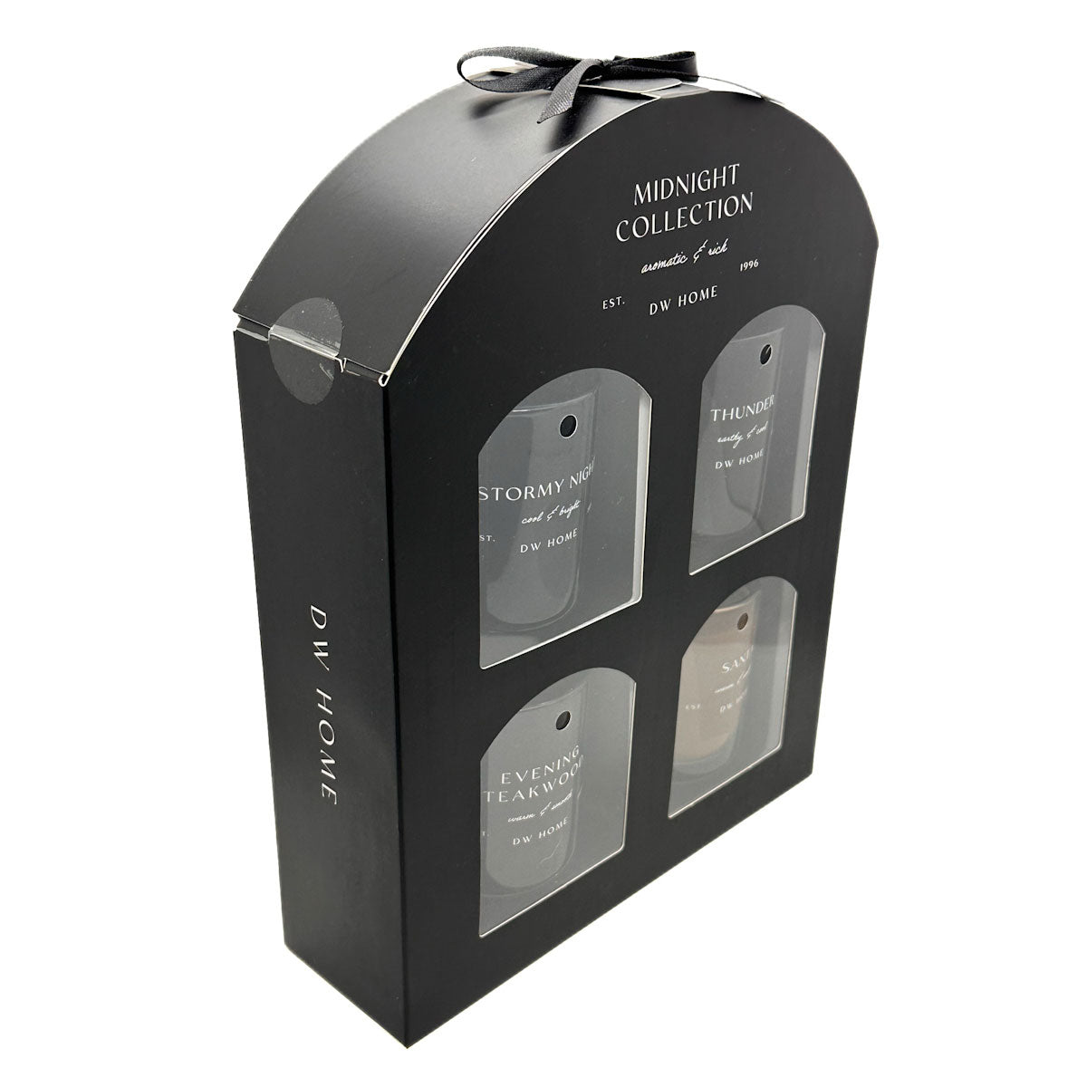 Black packaging box for DW Home Midnight Collection with transparent panels showing product labels.