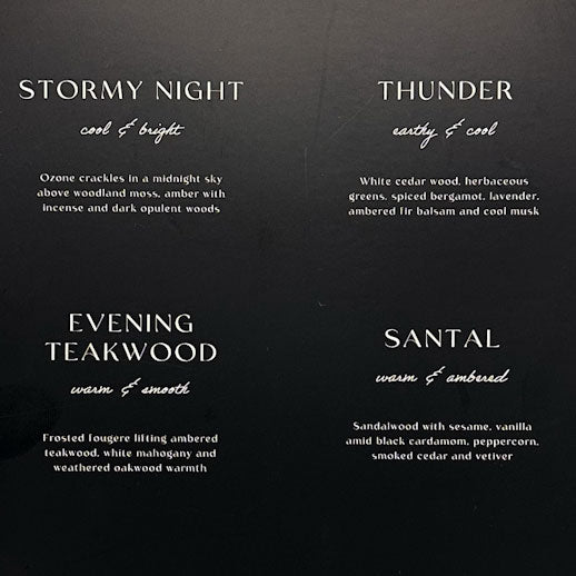 Black background with white text describing different scents.