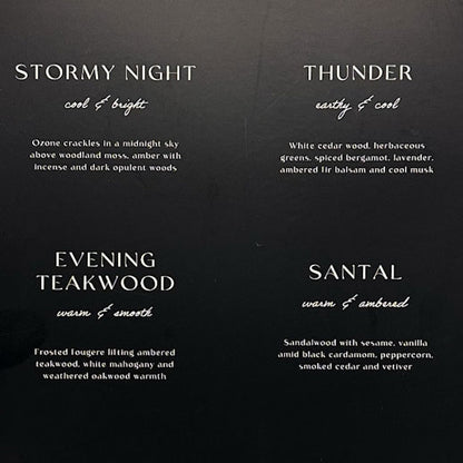 Black background with white text describing different scents.