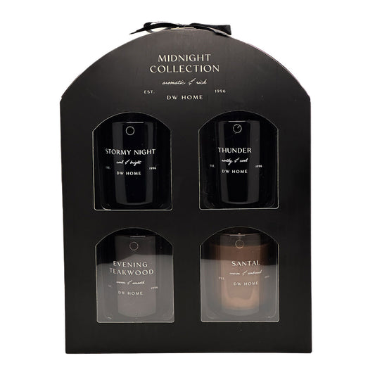 DW Home Midnight Collection candle set packaging with four candles inside.