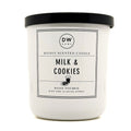 Milk & Cookies white candle with black lid and 'DW Home' label on a white background