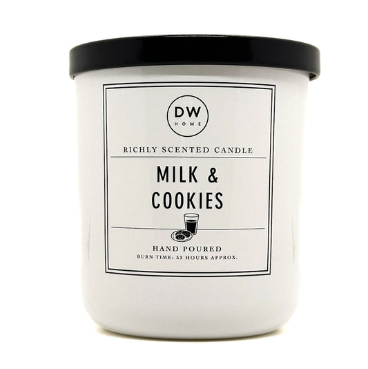 Milk & Cookies white candle with black lid and 'DW Home' label on a white background