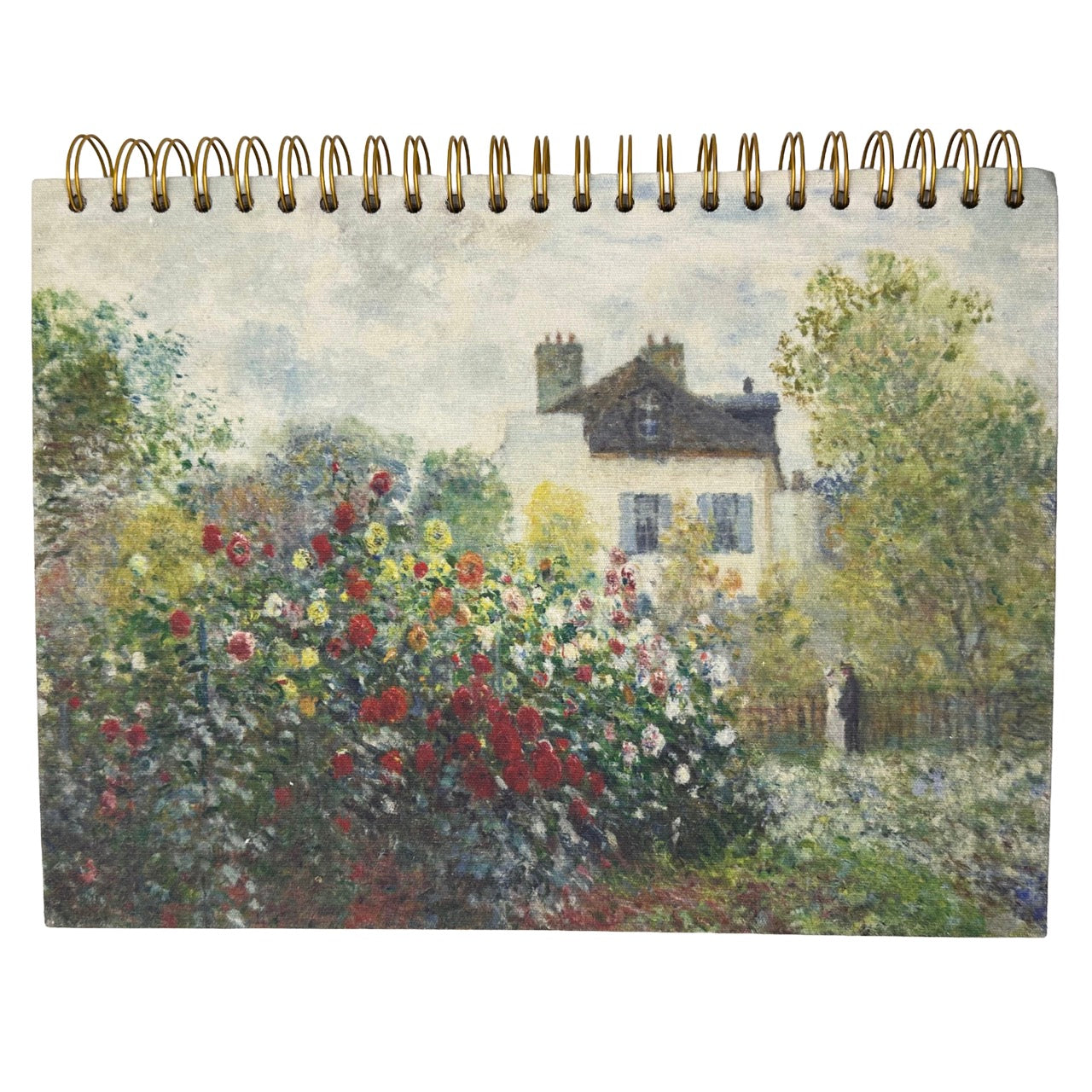 Notebook with a painting of a house and garden on the cover