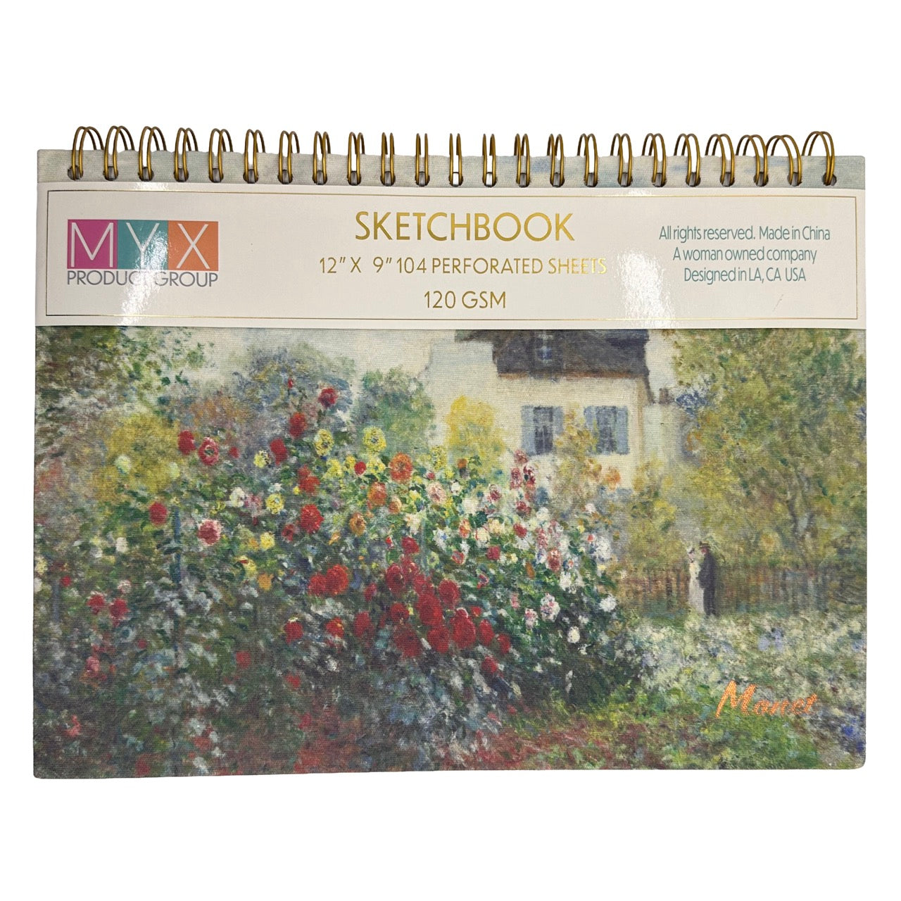 Claude Monet Sketchbook with floral garden design on the cover, featuring the MYX Product Group logo.
