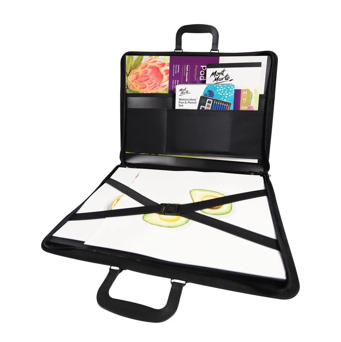 Art portfolio with transparent front panel displaying colorful artwork on a white background