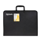 Black art portfolio with a label on a white background