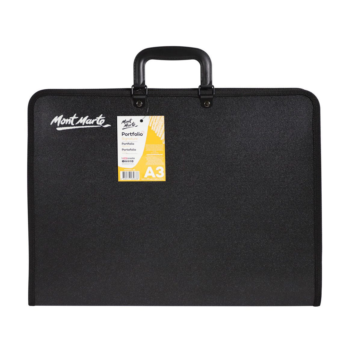 Black art portfolio with a label on a white background