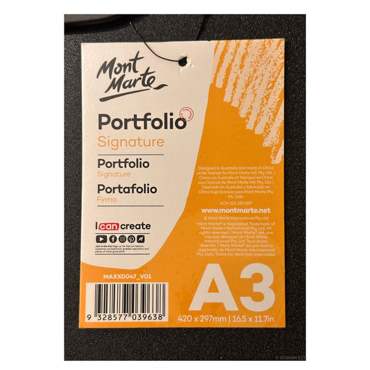 Mont Marte Portfolio Signature A3 packaging with orange and beige design.