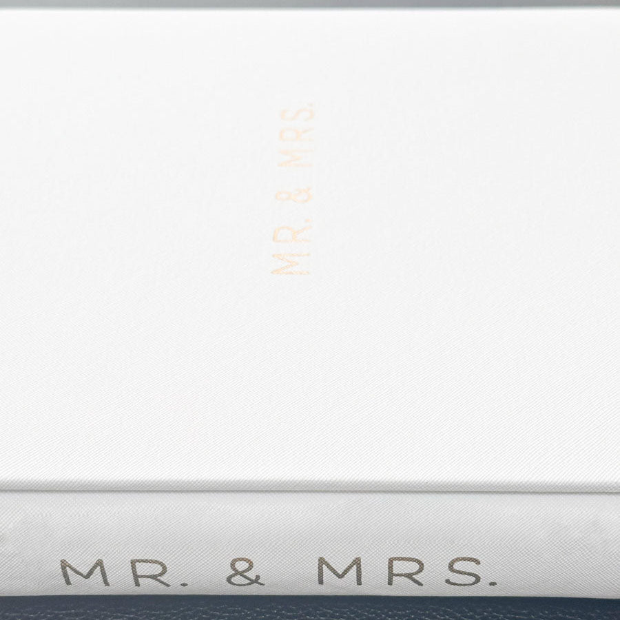 A close-up of a white textured box with 'MR. & MRS.
