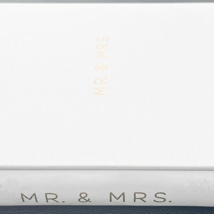 A close-up of a white textured box with 'MR. & MRS.