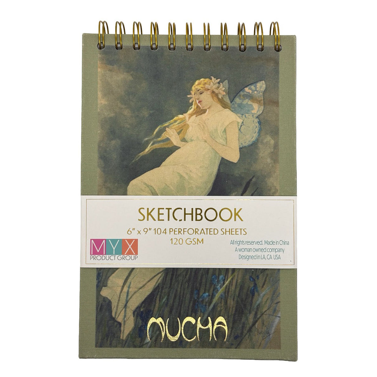 Alphonse Mucha - Elf with iris flowers Sketchbook with artistic cover featuring a fairy design on a white background