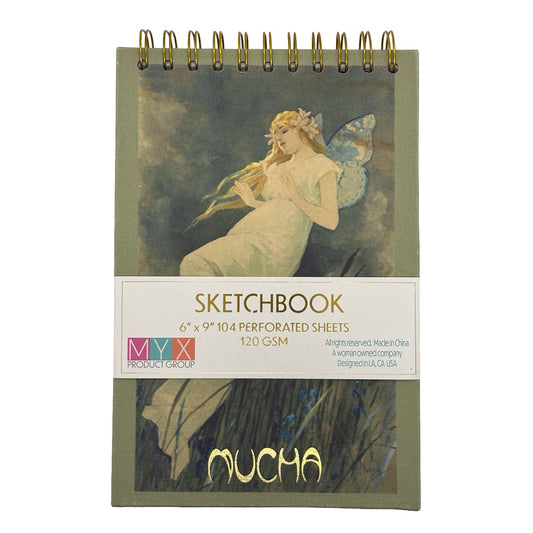 Alphonse Mucha - Elf with iris flowers Sketchbook with artistic cover featuring a fairy design on a white background