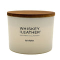Myrrh scented candle with wooden lid labeled 'Whiskey and Leather' on a white background