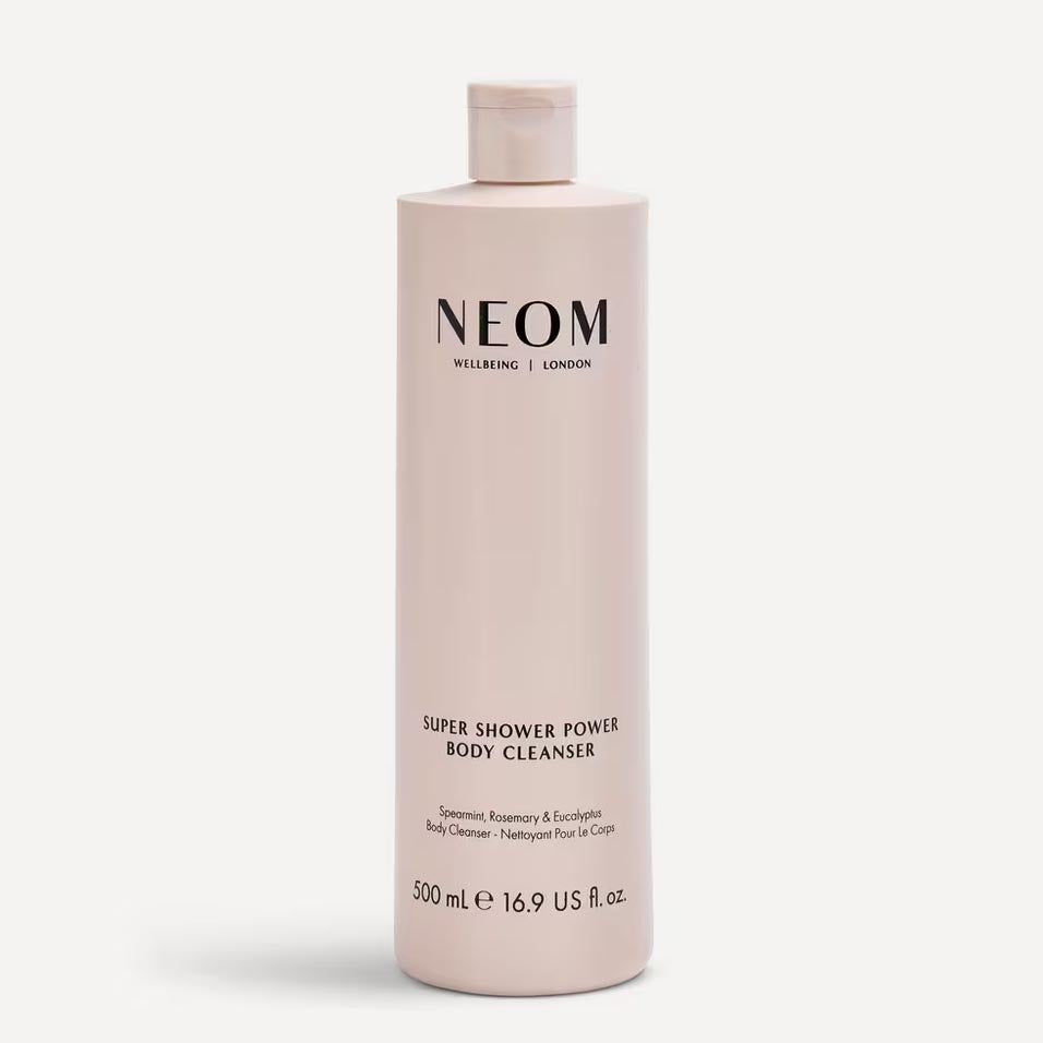 NEOM Super Shower Power Body Cleanser bottle on a white background
