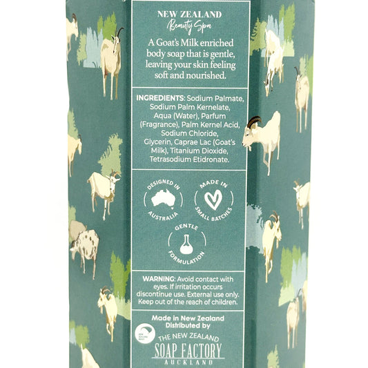 Packaging of New Zealand Soap Factory soap with goat illustrations and text.
