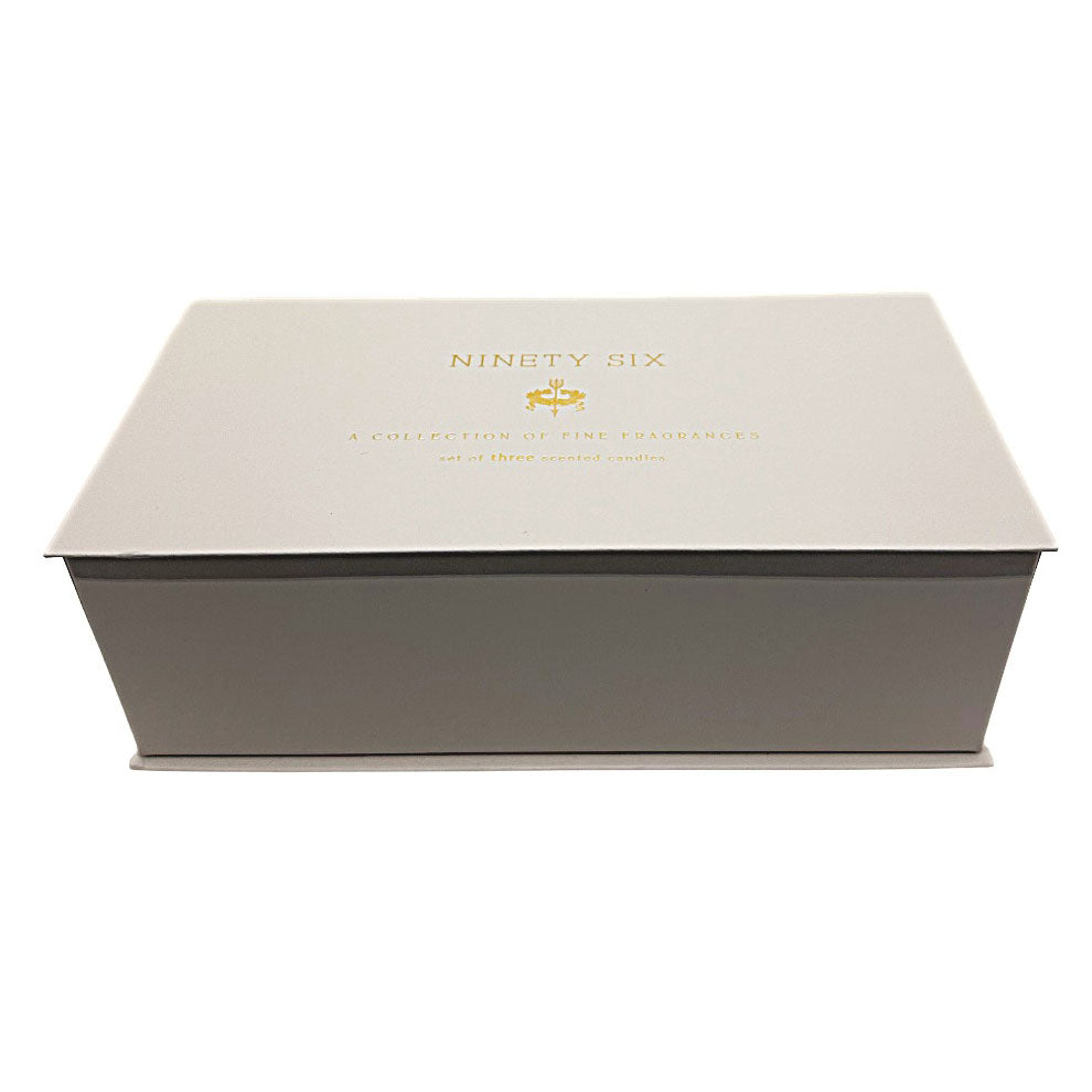 A rectangular presentation box for 'NINETY SIX' fragrances, featuring a light beige lid with gold foil lettering and a dark gray base, photographed on a clean white background.