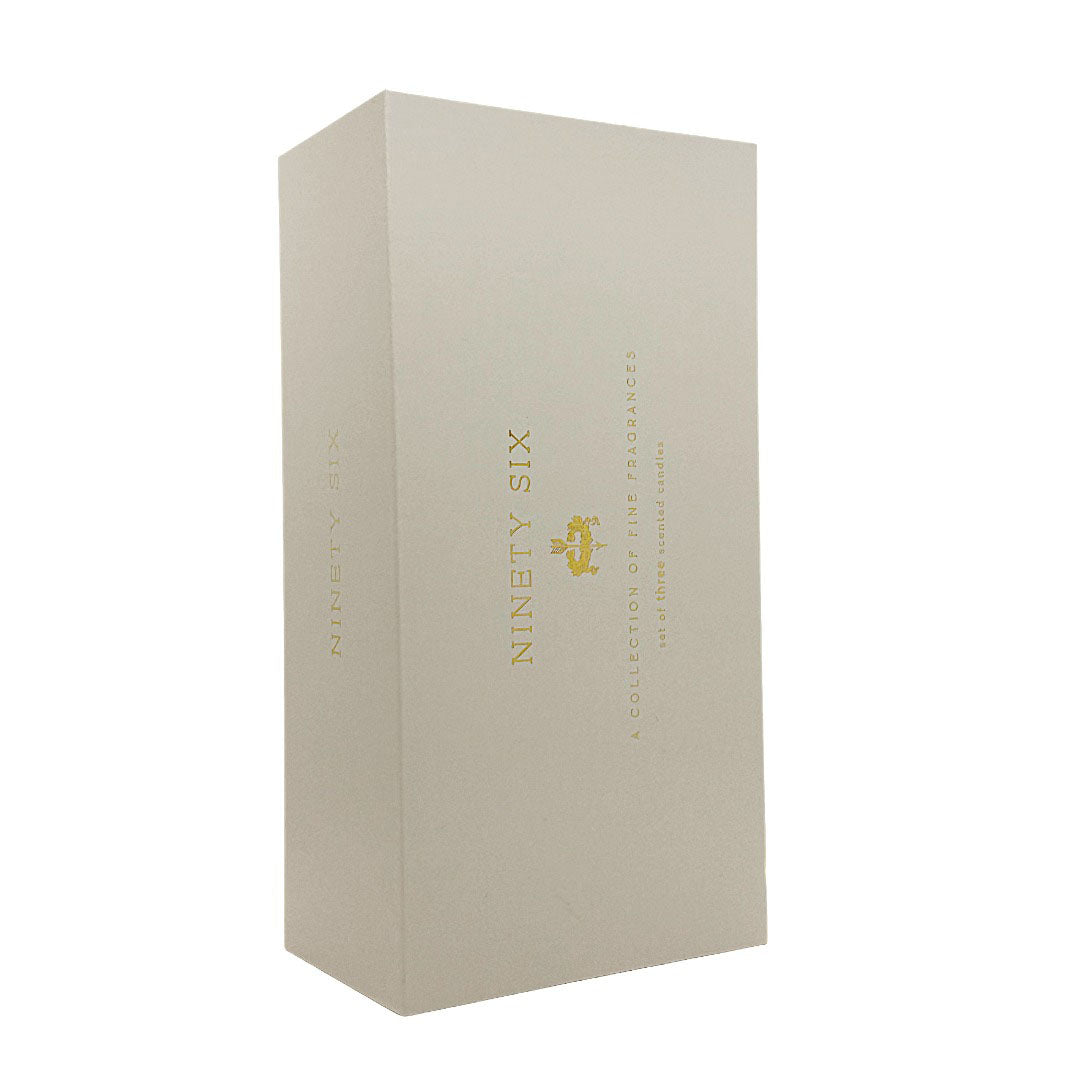 A tall, rectangular cream-coloured product box with gold foil text reading 'NINETY SIX' and smaller gold lettering, shown on a plain white background.