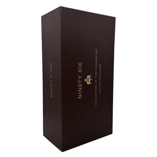 A tall, dark brown rectangular box with gold lettering reading 'NINETY SIX' and smaller text 'A COLLECTION OF FRESHWEATS' on a plain white background.